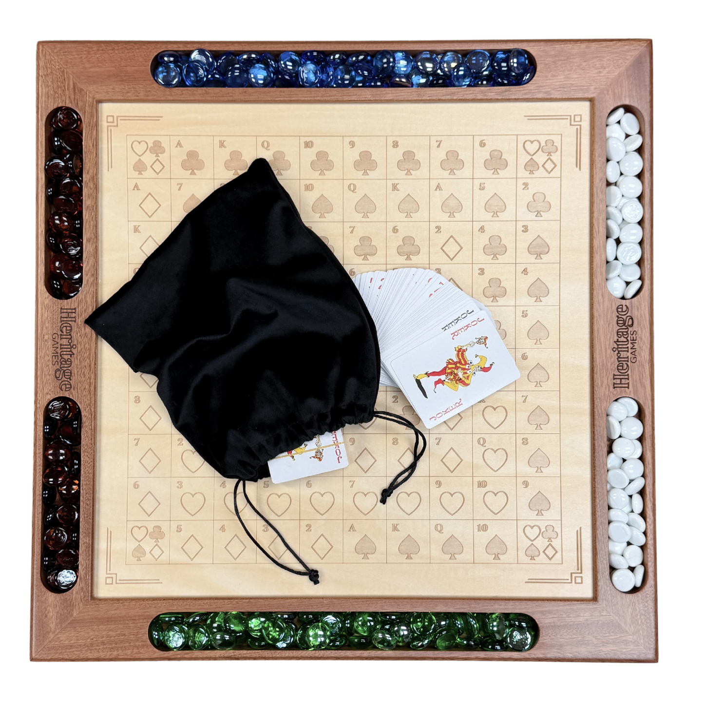 Board game set with wooden board, cards, and dice on a white background