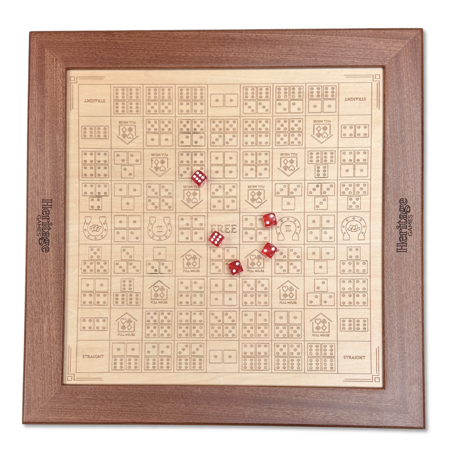 Ludo board game with wooden frame and red dice on a white background