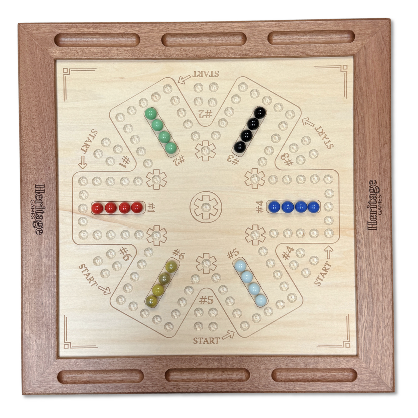 Wooden board game with colorful pieces on a white background