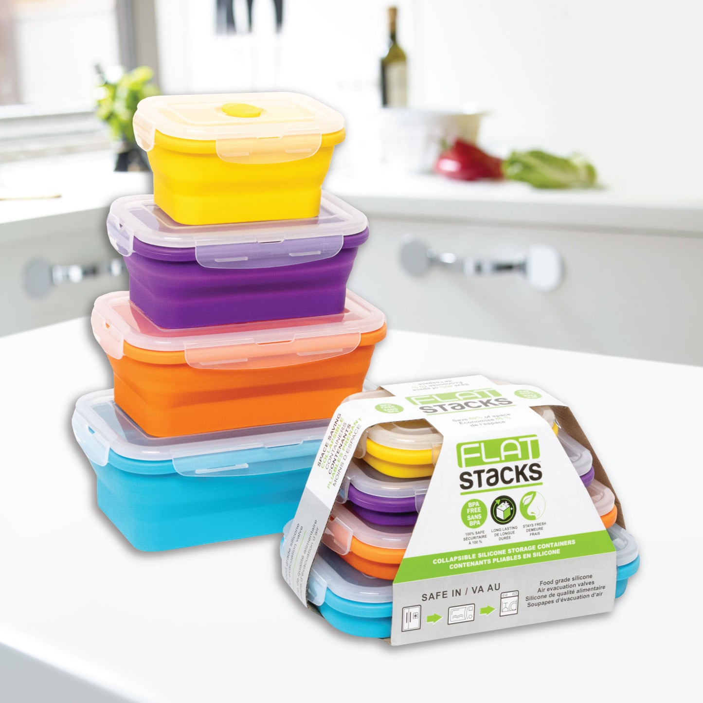 Thin Bins Collapsible Containers Set of 4 Rectangle Silicone Food Storage Containers BPA Free, Microwave, Dishwasher Safe